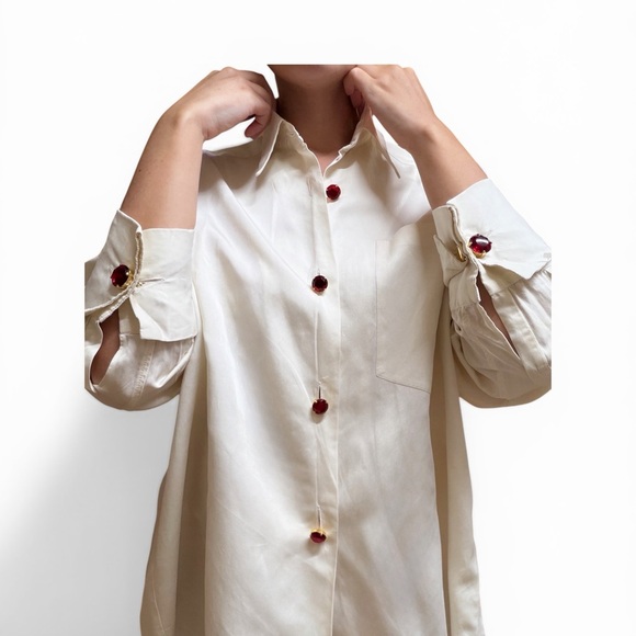 Dolce & Gabbana Tops - Dolce & Gabbana Cream Silk Shirt with Red Jewel Button